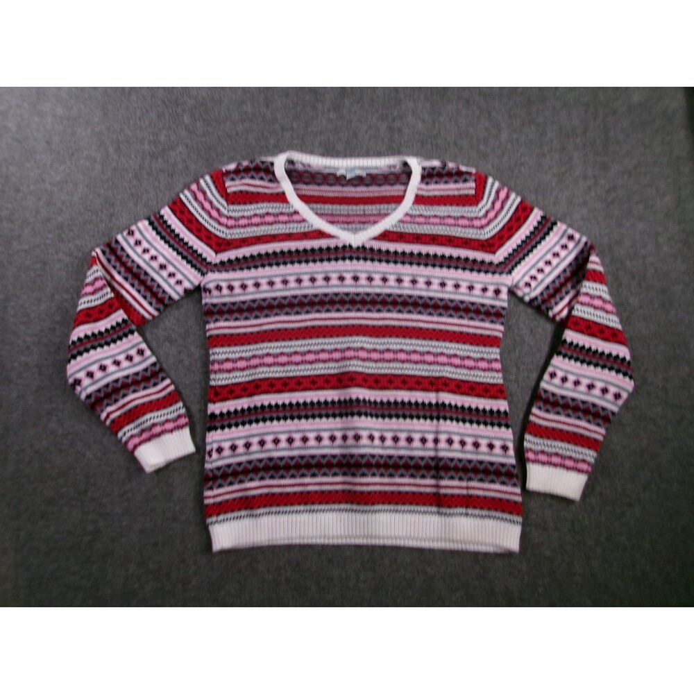 Croft Barrow Sweater Womens Large Red Nordic Fair Isle V Neck Pullover